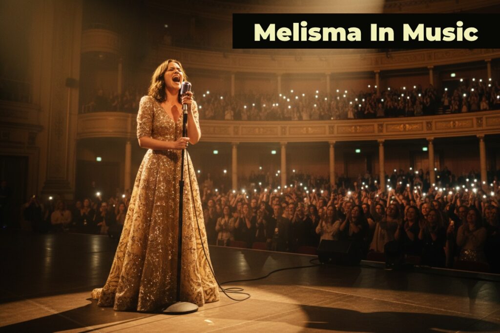 Melisma In Music - A single singer performing on stage in a grand concert hall, standing under dramatic stage spotlights